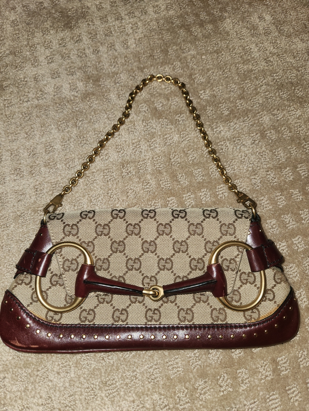 Vintage Gucci Tom Ford Beige GG Canvas and Burgundy Leather Horsebit  Bag